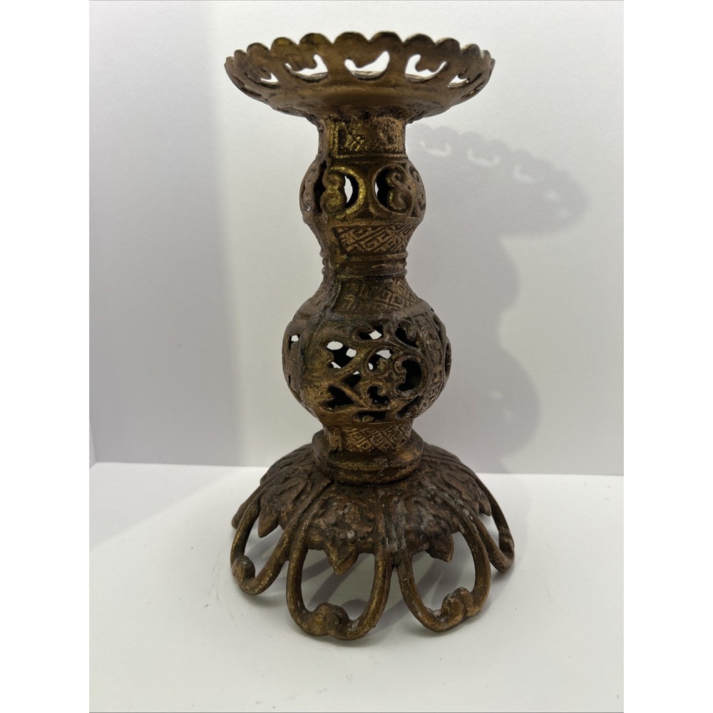 JAPAN CAST IRON 8.5” CANDLE HOLDER ,MID CENTURY HEAVILY CARVED SCROLL